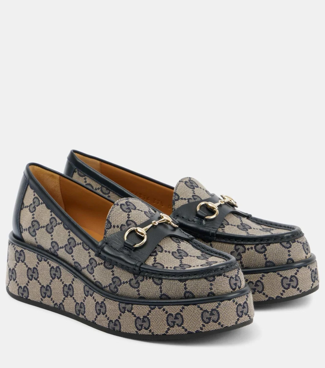 Horsebit GG canvas wedge loafers