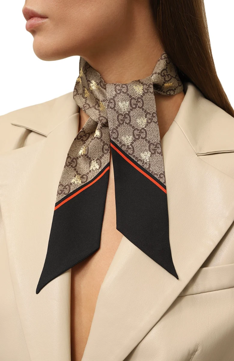 Silk Twill GG Monogram GG Bee Neck Bow Scarf Black Red