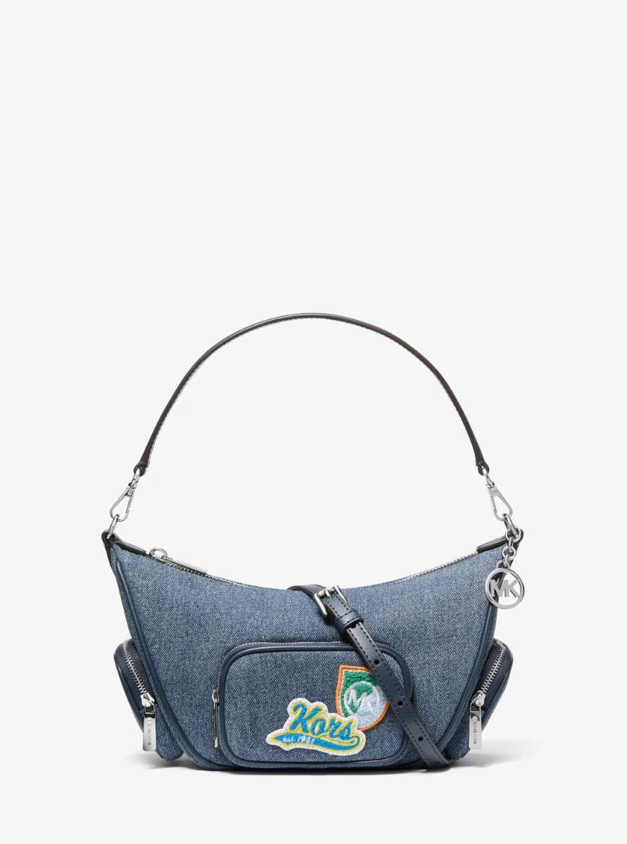 Merritt small convertible shoulder bag in embellished denim
